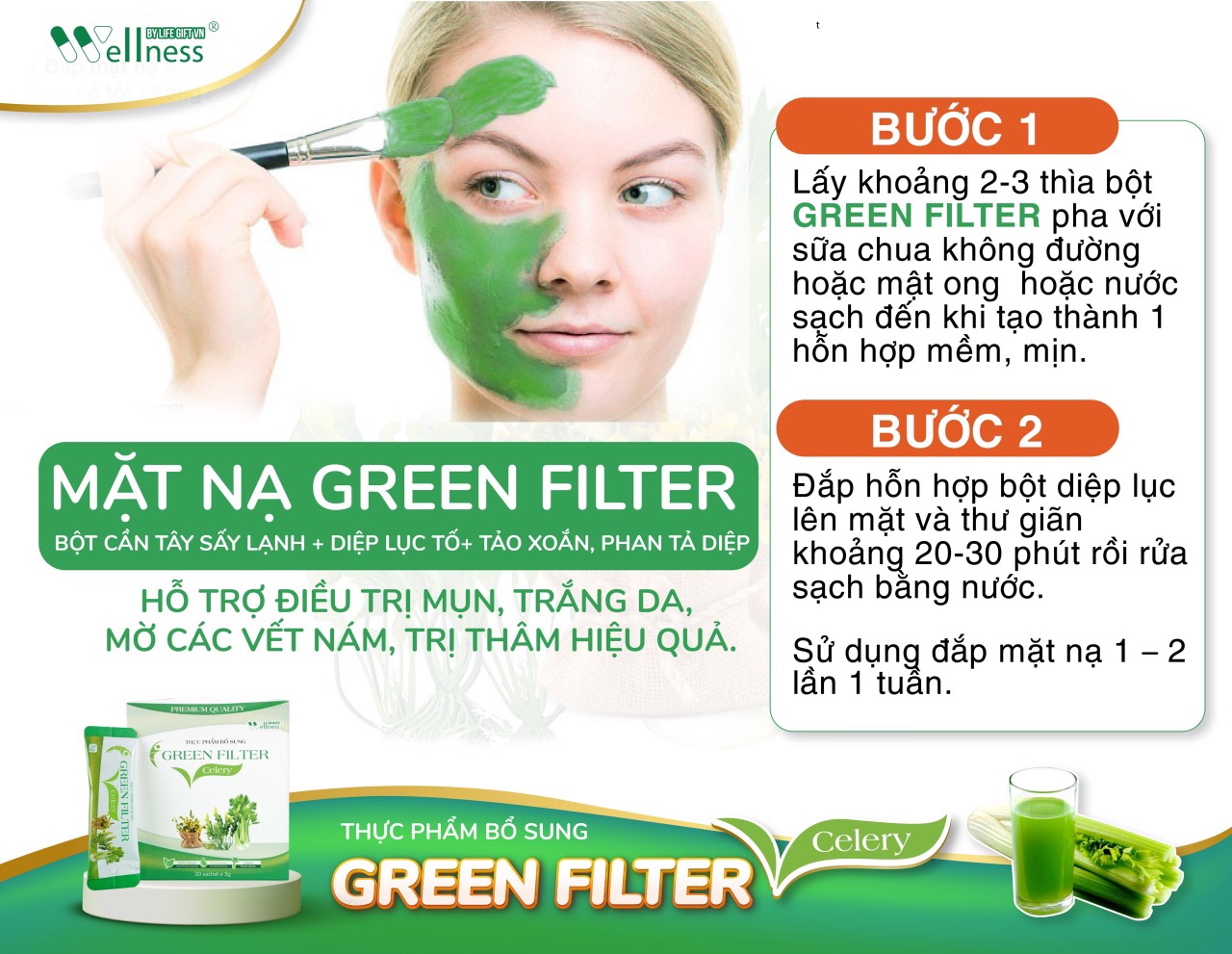 Thực Phẩm Bổ Sung Bột Cần Tây Sấy Lạnh Diệp Lục Green Filter Celery còn có tác dụng làm mặt nạ đắp mặt giúp điều trị mụn, trắng da, làm mờ vết nám, trị thâm hiệu quả